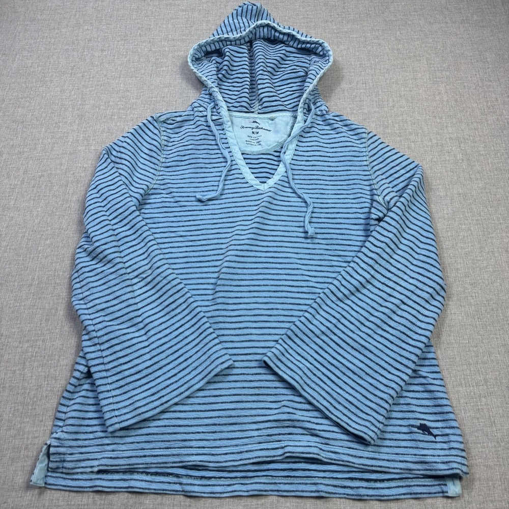 Tommy Bahama V-Neck Hoodie Women Medium Blue Striped Wide Sleeve Pullover Cotton